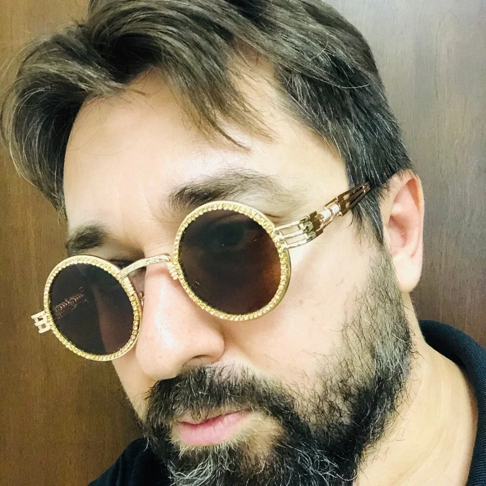Round‎ Sunglasses Steampunk Style Gold Rhinestone Accent Men Diamond Brown Lens